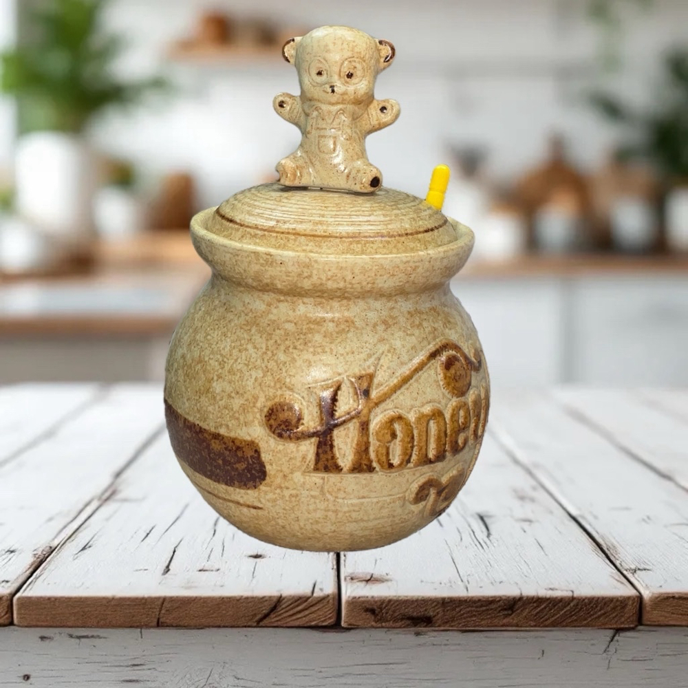 Pottery Craft Vintage Goldish Brown Tan Honey Pot w Bear Lid Top/Dipper